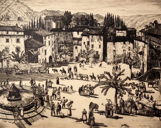 Job Nixon (1891-1938), 3 etchings, An Italian Hill Town, The Steps, Anticoli and The Piazza, Anticoli